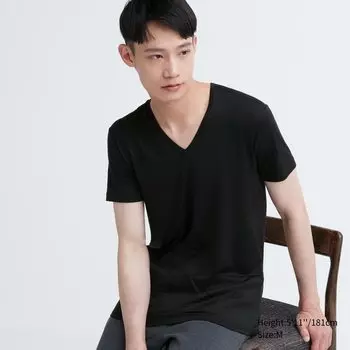 Термофутболка HEATTECH с V-образным вырезом и короткими рукавами UNIQLO, черный