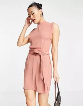 Терракотовое мини-платье с разрезными рукавами и поясом оби ASOS DESIGN