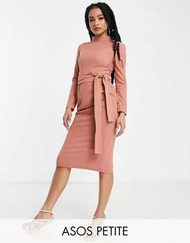 Терракотовое платье миди с длинными рукавами и поясом оби ASOS DESIGN Petite