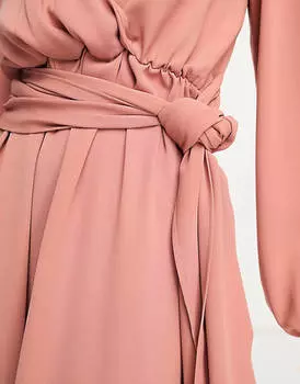 Терракотовое платье миди с длинными рукавами и завязкой на талии ASOS DESIGN