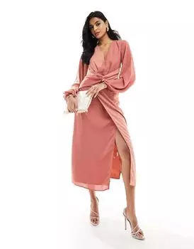 Терракотовое платье миди с контрастным узлом спереди Pretty Lavish