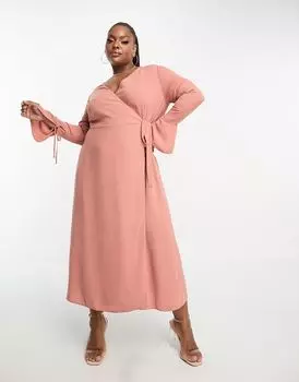 Терракотовое платье миди с запахом и манжетами на завязках ASOS DESIGN Curve