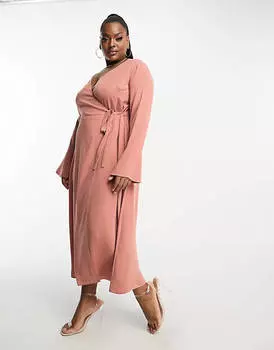 Терракотовое платье миди с запахом и манжетами на завязках ASOS DESIGN Curve