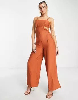 Терракотовый льняной комбинезон с пуговицами по бокам ASOS DESIGN