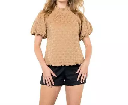 Текстурированная футболка с рукавами-фонариками бежевого цвета THML