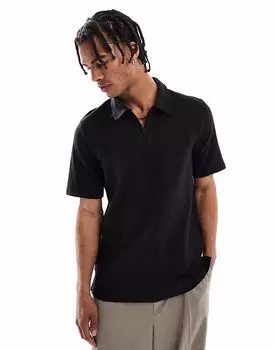 Текстурированная рубашка-поло Jack & Jones на молнии черного цвета