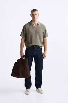 Текстурированная рубашка-поло ZARA, хаки