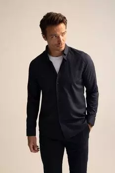 Текстурированная рубашка с длинным рукавом Modern Fit DeFacto, темно-синий