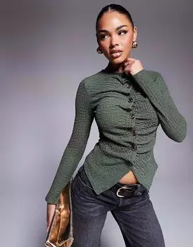 Текстурированная рубашка с длинными рукавами на пуговицах ASOS DESIGN оливкового цвета