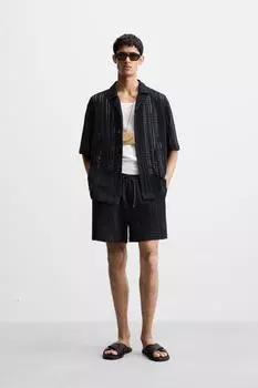Текстурированная рубашка, связанная крючком ZARA, темно-синий