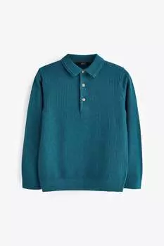 Текстурированная трикотажная рубашка-поло с длинными рукавами Next, синий