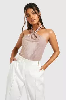 Текстурированное боди из фольги с декальным хедером Boohoo, шампанское