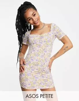 Текстурированное мини-платье с короткими рукавами и рюшами ASOS DESIGN Petite пастельно-голубого цвета с цветочным принтом ASOS DESIGN Petite