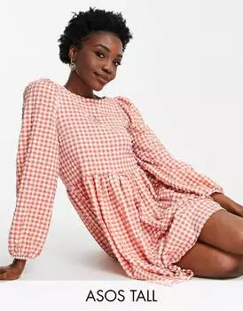 Текстурированное мини-платье в мелкую клетку с ремешками на спине ASOS DESIGN Tall в красную мелкую клетку ASOS DESIGN Tall