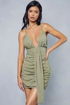 Текстурированное облегающее мини-платье с глубоким вырезом и драпировкой на бретелях MISSPAP, хаки