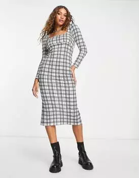 Текстурированное облегающее платье миди в клетку с длинными рукавами ASOS DESIGN