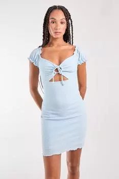 Текстурированное платье с объемными рукавами и вырезом под ключ Pink Vanilla, синий