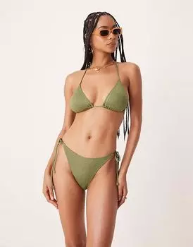 Текстурированные плавки бикини Stradivarius с завязками по бокам цвета хаки