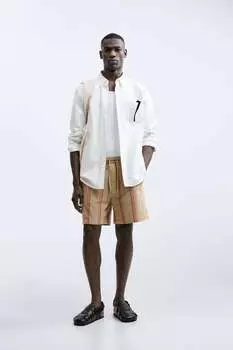 Текстурированные шорты в полоску ZARA, кэмел