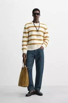 Текстурированный джемпер в полоску открытой вязки ZARA, цвет Ecru/Yellow
