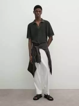 Текстурированный свитер-поло с короткими рукавами Massimo Dutti, хаки