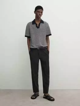 Текстурированный свитер-поло с короткими рукавами Massimo Dutti, синий