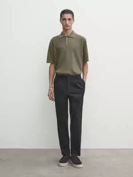 Текстурированный свитер-поло с короткими рукавами Massimo Dutti, хаки