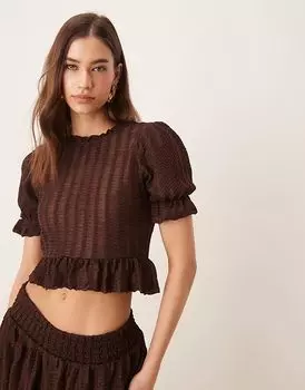 Текстурированный топ ASOS DESIGN Coord с оборками коричневого цвета