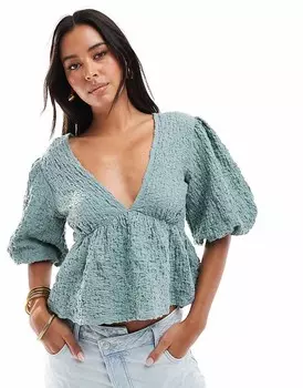 Текстурированный топ ASOS DESIGN с глубоким вырезом, рукавами-буфами и завязкой на спине