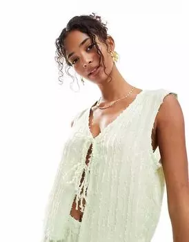 Текстурированный топ без рукавов с завязками спереди, мерцающего зеленого цвета