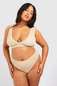 Текстурированный топ бикини Plus с глубоким вырезом boohoo, бежевый
