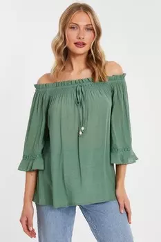 Текстурированный топ цвета хаки с вырезом-лодочкой QUIZ Clothing