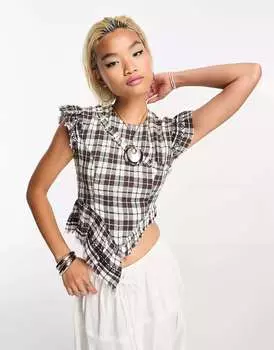 Текстурированный топ Reclaimed Vintage с асимметричным подолом в коричневую клетку