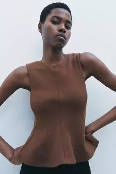 Текстурированный топ с баской ZARA, коричневый