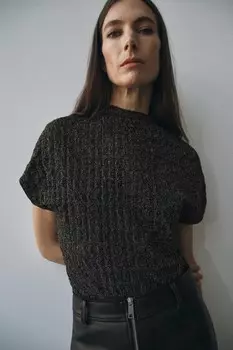 Текстурированный топ с металлической нитью ZARA, черный