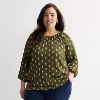 Текстурированный топ с присборенным вырезом больших размеров Croft & Barrow, цвет green leaf geo