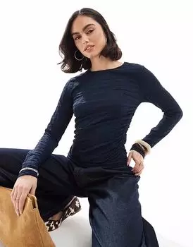 Текстурированный топ Vero Moda с длинными рукавами и сборками темно-синего цвета