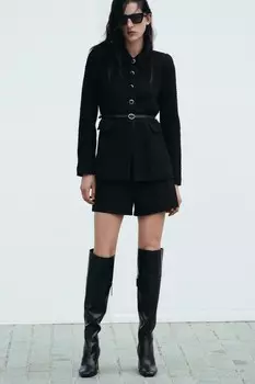 Текстурная куртка с поясом ZARA, черный