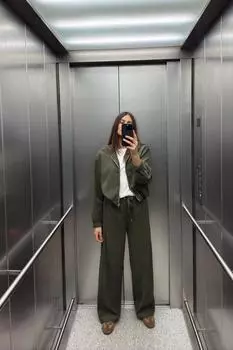 Текстурные широкие брюки ZARA, темный хаки