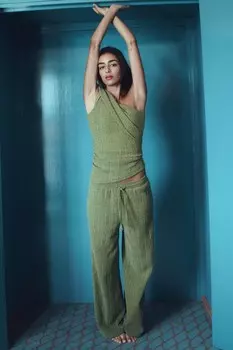 Текстурные широкие брюки ZARA, зеленый