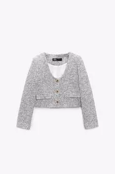 Текстурный блейзер с золотыми кнопками ZARA, экру/синий