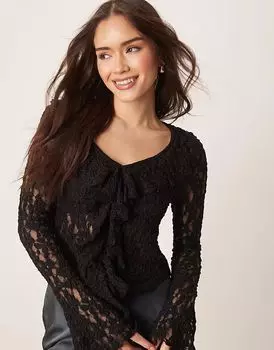 Текстурный кружевной топ ASOS DESIGN с завязками спереди и оборками черного цвета
