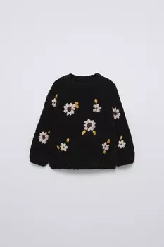 Текстурный свитер с цветочной вышивкой ZARA, черный