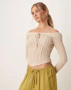 Текстурный топ ASOS DESIGN с открытыми плечами и длинными рукавами, с завязками, в каменном цвете