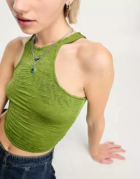 Текстурный топ цвета хаки с асимметричным воротником-борцовкой Bershka