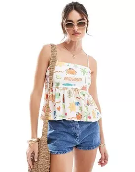 Текстурный топ на бретельках ASOS DESIGN с принтом «открытка» и баской по низу