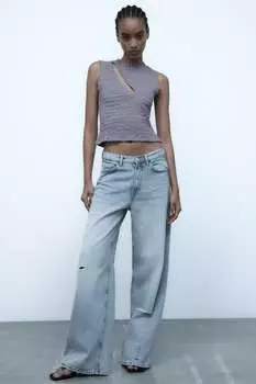 Текстурный топ с вырезами ZARA, серо-голубой