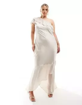 TFNC Bridesmaid – атласное платье макси цвета шампанского на одно плечо с рюшами