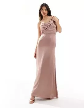 TFNC Bridesmaid — розово-коричневое атласное платье макси на одно плечо с драпировкой
