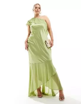 TFNC Plus Bridesmaid – оливковое атласное платье макси на одно плечо с рюшами